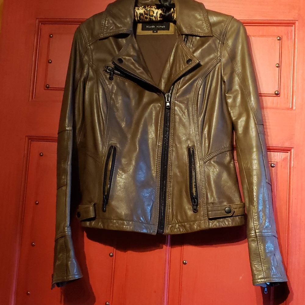Olive black rivet leather jacket size M